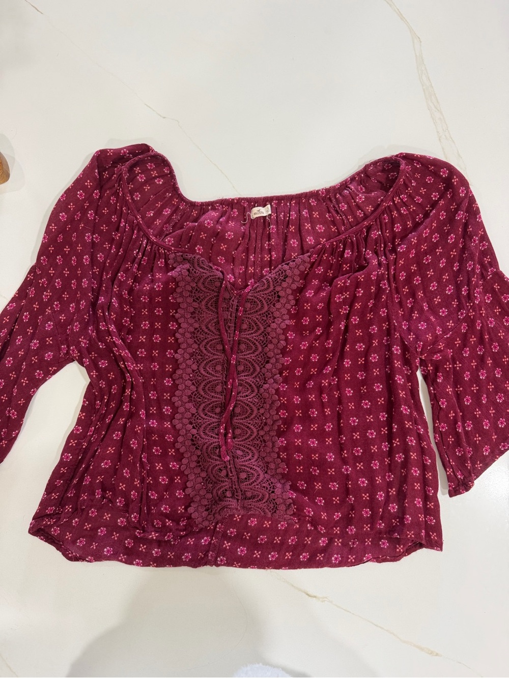 Hollister Maroon Floral Crochet-Trim Blouse
